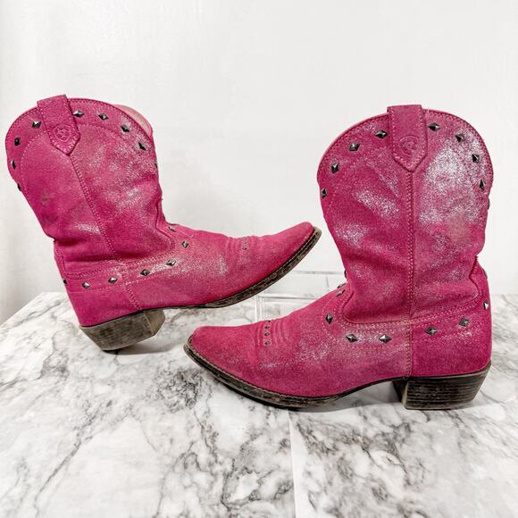 Ariat Girls Size 5 Nashville Pink Shimmer Studded Cowboy Boots 10012798 Snip Toe - Picture 1 of 6